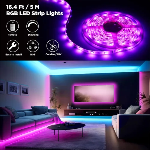 Miniatura 2 de Tira de luces LED, tira de luz RGB de 16.4 pies con control remoto y fuente de alimentación, revestimiento de poliuretano, adaptador ETL de 12 V CC