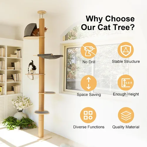 Miniatura 7 de FUKUMARU Árbol para gatos de piso a techo, altura ajustable de 6 niveles (5.7-9.8 pies), torre de escalada con postes de rascado gruesos, centro