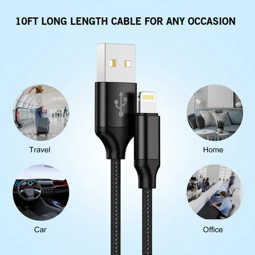 Miniatura 6 de Cargador de iPhone de 10 pies, bloque de carga rápida para iPhone de doble puerto USB, adaptador de enchufe de pared de 2 paquetes y cable de carga
