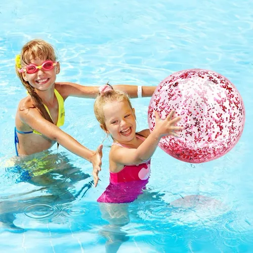 Miniatura 7 de Paquete de 12 pelotas inflables de playa de 16 pulgadas con purpurina rosa, juguetes para piscina, playa, fiesta de verano en la piscina - Juego