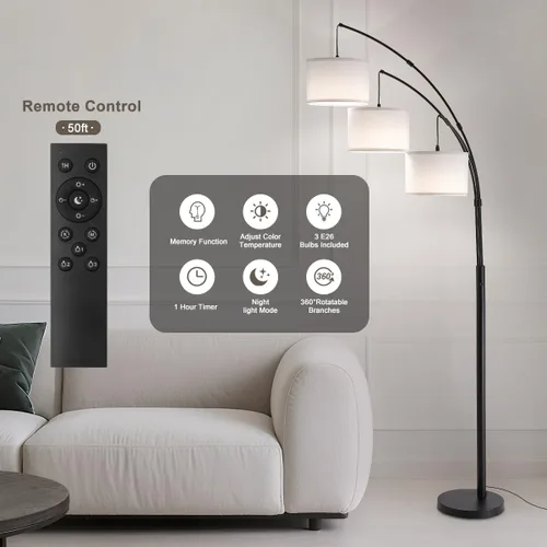 Miniatura 3 de Lámpara de pie con control remoto, lámparas de pie de arco de 3 luces para sala de estar, lámparas de pie altas de 2400 lm con pantallas blancas