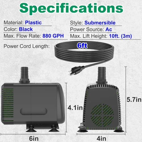 Miniatura 5 de Knifel Bomba sumergible de 880 GPH (3500 L/H 60W) ultra silenciosa con protección contra sobrecalentamiento, elevación de 10.2 pies de alto