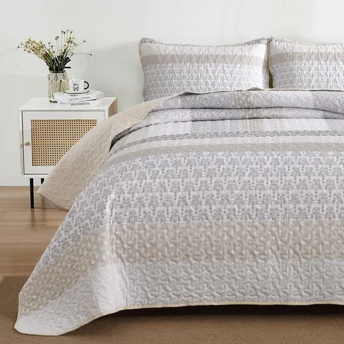 Miniatura 3 de WONGS BEDDING Juego de edredón beige tamaño individual, juego de edredón de rayas bohemias de 3 piezas, juego de colcha acolchada de microfibra