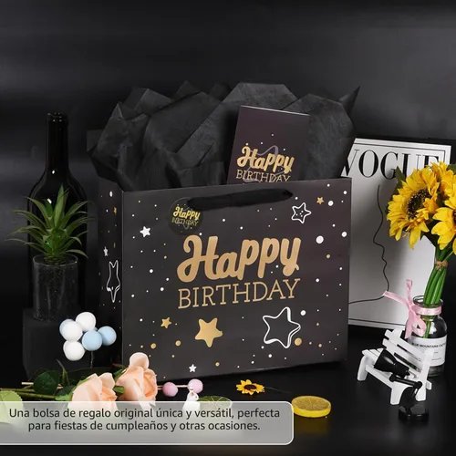 Miniatura 5 de Powbrace Bolsa de regalo de cumpleaños negra con papel de seda y tarjeta de felicitación, 13 x 10.2 x 4.9 pies, mediana