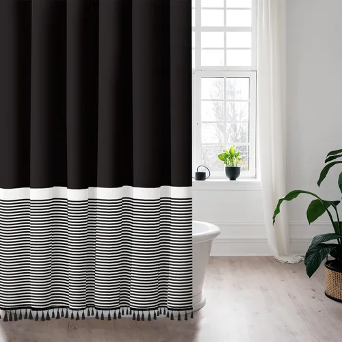 Cortina de regadera negra de Seasonwood con rayas blancas y borlas negras, cortina de baño de poliéster decorativa para spa y hotel, cortinas de