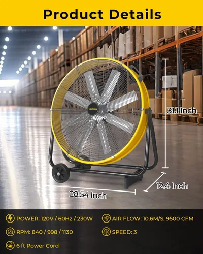 Miniatura 4 de VENTISOL Ventilador de tambor de alta velocidad de 24 pulgadas, ventiladores industriales de 9500 CFM resistente, ventilador de tienda de 3