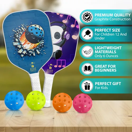 Miniatura 3 de Palas de pickleball para niños (juego de 2), paletas de tamaño infantil (a partir de 6 años), núcleo de panal ligero, cara de golpe de fibra de Azul