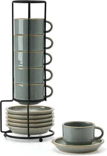JIEMEI HOME - Tazas apilables de porcelana para expreso con platillos y soporte de metal, tazas Demitasse de 4 onzas para café con leche, café moca,