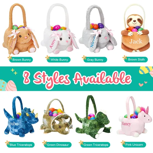 Miniatura 6 de Cesta personalizada de conejo de Pascua de 15 pulgadas con nombre bordado, cesta de caza de huevos de Pascua de felpa para regalos de decoración