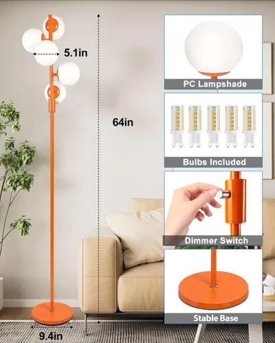 Miniatura 5 de Lightdot Lámpara de pie rosa de 63 pulgadas, moderna lámpara de pie de globo de mediados de siglo con bombillas LED de 3000 K incluidas