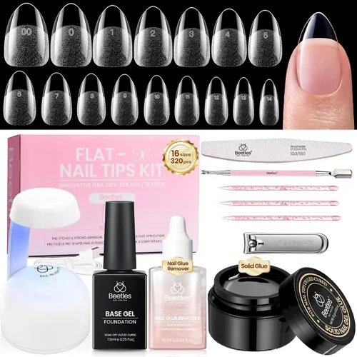 Beetles - Kit de uñas de gel FlatX, almendra corta, 320 puntas de uñas de 16 tamaños, con pegamento sólido de uñas de 0.5 onzas, removedor de