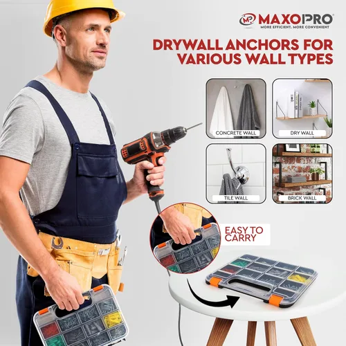Miniatura 7 de Kit de anclajes y tornillos para paneles de yeso - Kit de anclajes de pared secos de plástico de 370 piezas - Anclajes de pared y tornillos
