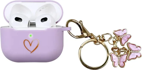 Miniatura 12 de Funda compatible con AirPods 3 2021, funda de silicona suave con patrón de corazón dorado para AirPods de 3ª generación con bonito llavero de Negro