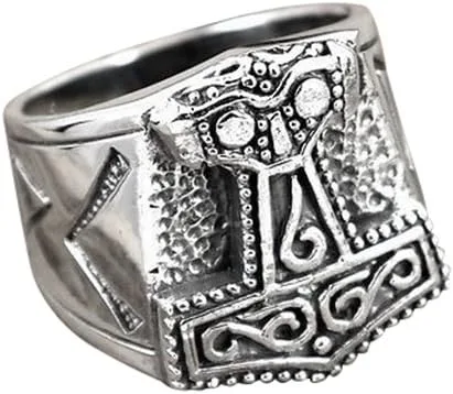 Miniatura 4 de Anillo de plata de ley 925 con martillo de Thor vikingo Mjölnir Mjolnir Futhark Runas nórdicas