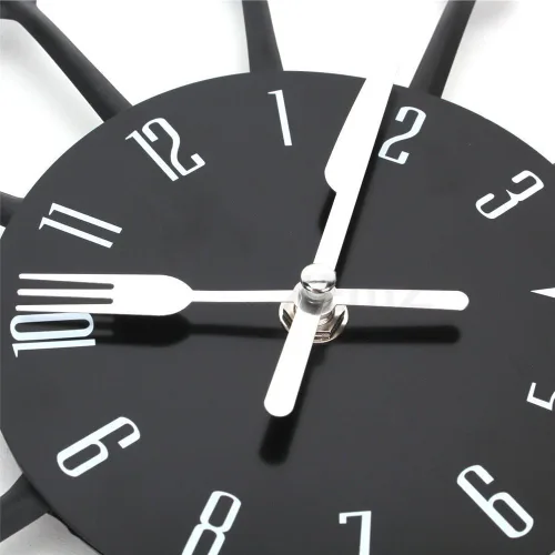 Miniatura 8 de Reloj de pared creativo con cuchillo de tenedor, cubertería de cocina, novedoso reloj colgante decorativo, cuchara de acero inoxidable, reloj Negro