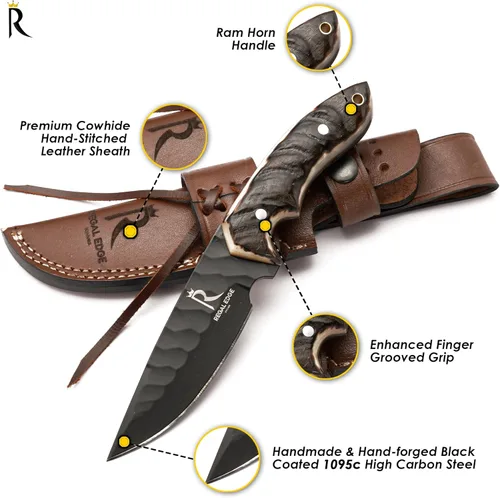 Miniatura 3 de Cuchillo de hoja fija – Cuchillo de caza de 9" recubierto en negro con punta de gota con funda de cuero - Espiga completa de acero al carbono