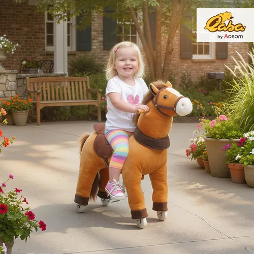 Miniatura 2 de Qaba Caballo para montar para niños de 3 a 5 años, pony de peluche de 29.5 pulgadas de altura, caballo andador con ruedas rodantes para juego