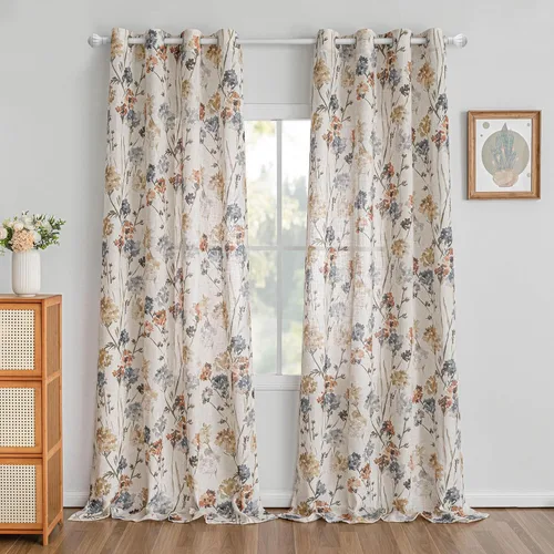 Miniatura 28 de MYSKY HOME - Cortinas de lino florales 100% blackout, de 95 pulgadas de largo, 2 paneles para sala de estar y dormitorio, doble capa