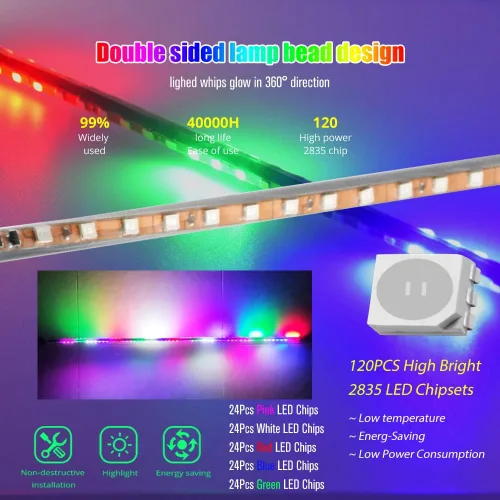 Miniatura 2 de YEORO 2 piezas Tiras LED Dobles RGB 270 Luces Estroboscópicas Automáticas de Antena Impermeables para UTV, ATV (2.4 pies)