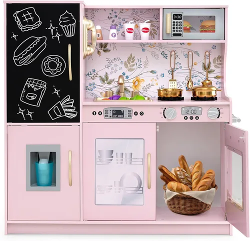 Miniatura 10 de Costzon Juego de Cocina para Niños, Set de Juguetes de Cocina de Madera de Simulación con Sonido Realista, Pizarra Grande, Teléfono, Microondas, gris