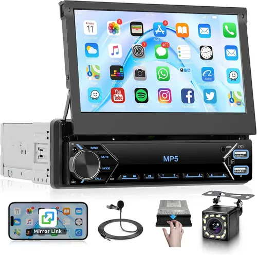 Pantalla táctil abatible de 7 pulgadas para automóvil estéreo individual DIN con Bluetooth 5.0, Mirror Link, cámara de respaldo y carga rápida tipo