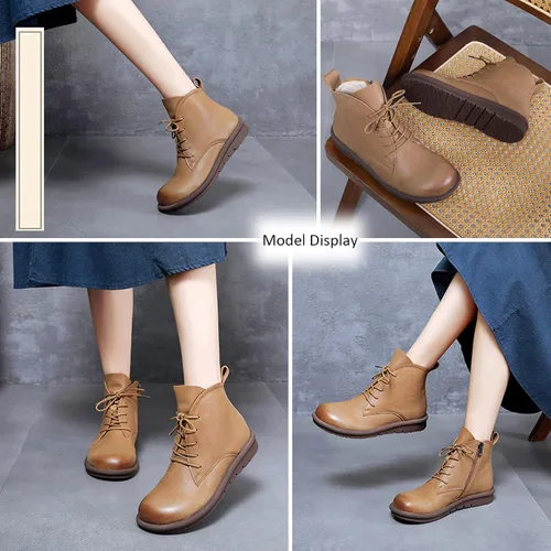 Miniatura 4 de AUNTHUI Botines de cuero genuino para mujer, botas cortas planas con punta redonda, cómodas y suaves, con cremallera lateral, botas casuales retro