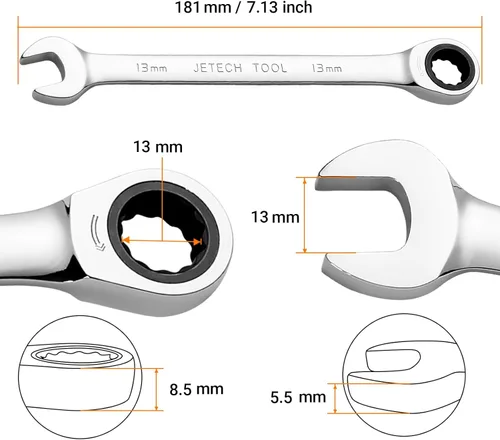 Miniatura 2 de Jetech 13mm Llave Combinada de Trinquete Métrica, Llave de Engranajes de Grado Industrial con Diseño de 12 Puntos y Trinquete de 72 Dientes, Acero