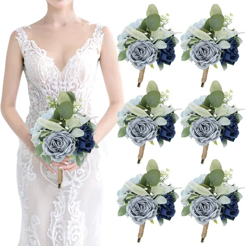 Miniatura 21 de Ramos de dama de honor para boda, juego de 6 ramos de flores artificiales para decoración de otoño, boda, propuesta de matrimonio, fiesta, Naranja