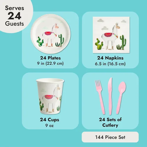 Miniatura 3 de 144 piezas de suministros de fiesta de cumpleaños con llama con platos de papel, servilletas, tazas y cubiertos para celebración de fiesta mexicana