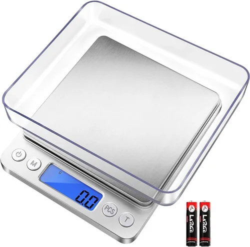Báscula digital de cocina de Fuzion 105.82 oz/0.1 g, báscula de bolsillo para alimentos, 6 unidades de conversión, báscula de gramos con 2 bandejas,