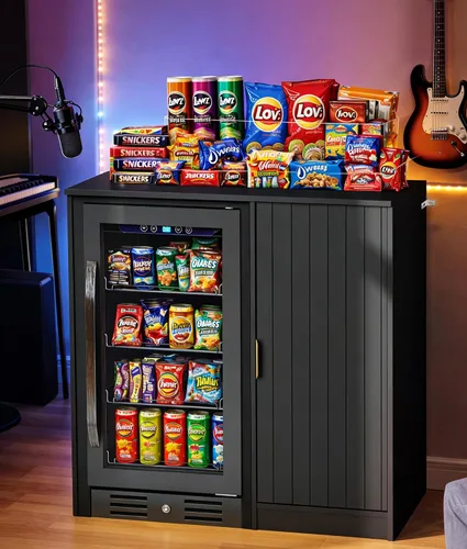 Miniatura 4 de Lamtor Barra de café con espacio para mini refrigerador, gabinete de barra de café con toma de corriente, mini gabinete de nevera estriado