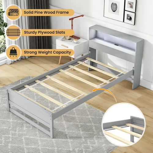 Miniatura 5 de Giantex Base de cama individual con cabecera de almacenamiento, plataforma de madera con estación de carga y luz LED, cama individual con soporte