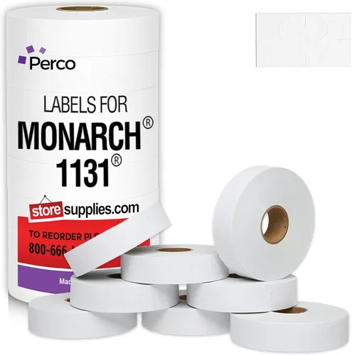 Etiquetas de precios blancas Perco para pistola de precios Monarch 1131 - 1 manga, 8 rollos, 20,000 etiquetas de marcado de precios - con rollo de