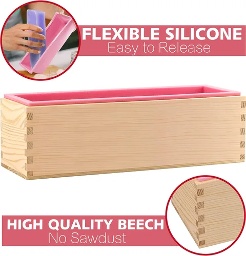 Miniatura 4 de Lerykin Kit de 2 moldes de jabón rectangulares con cortadores, molde de silicona flexible de 42 onzas con caja de madera, raspador ondulado y recto