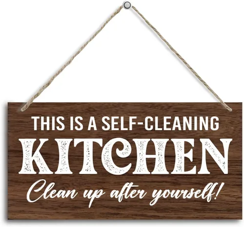 Kitchen Rules - Letrero decorativo de madera con texto en inglés "This is a Self-Cleaning Kitchen, placa de madera impresa colgante, letrero de