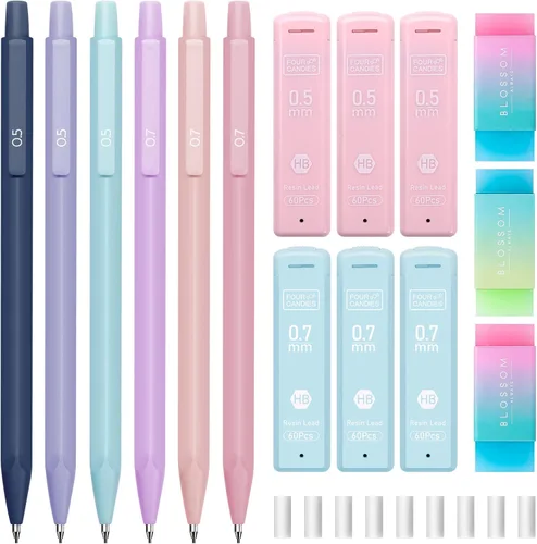 Miniatura 9 de Four Candies Bonito juego de lápices mecánicos, 6 lápices mecánicos pastel de 0.5 y 0.7mm con 360 minas HB, 3 borradores y 9 repuestos de borrador