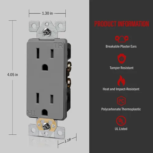 Miniatura 3 de ENERLITES Toma de corriente decorativa de grado industrial, 15A 125V, receptáculo dúplex resistente a manipulaciones, conexión a tierra, 5-15R, 2