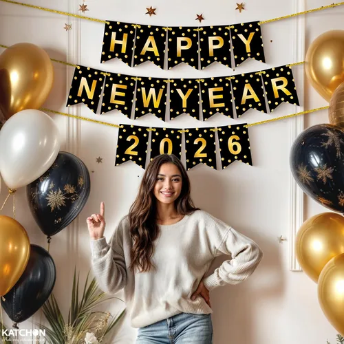 Miniatura 5 de KatchOn, Banner de Feliz Año Nuevo 2026 - Sin bricolaje, 10 pies Telón de fondo de Feliz Año Nuevo para suministros de fiesta de Nochevieja