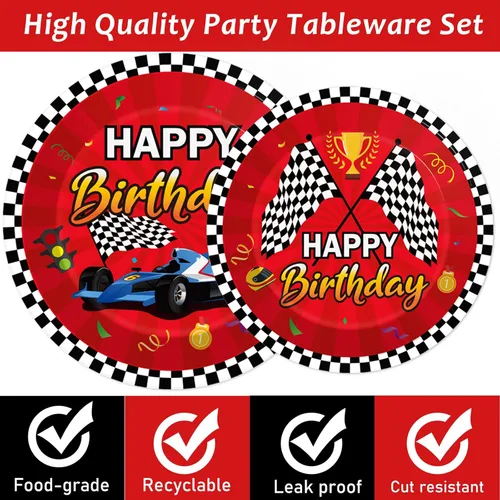 Miniatura 3 de 96 piezas de decoración temática de autos de carreras para fiesta de cumpleaños, platos y servilletas de carreras, juego de vajilla desechable