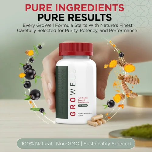 Miniatura 7 de GroWell Suplementos para el crecimiento del cabello para mujeres, clínicamente probados para una cobertura visiblemente más gruesa del cabello