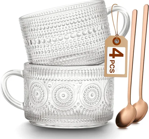 Mfacoy Juego de 2 tazas de café vintage, tazas de vidrio en relieve de 14 onzas con asa, tazas transparentes para capuchino, latte, cereales, yogur,
