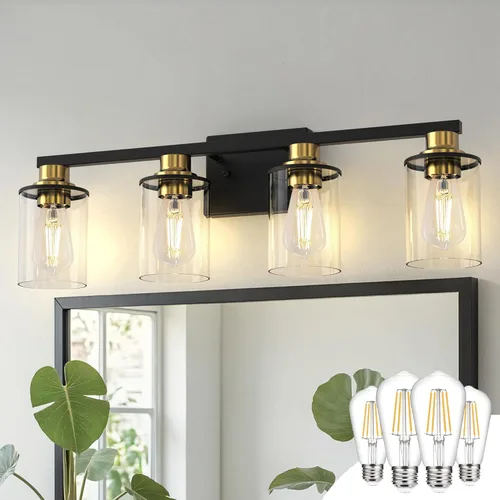 Miniatura 27 de DORESshop Lámparas de baño, 3 luces negras y doradas para baño sobre espejo con pantalla de vidrio transparente, luces de tocador para baño, Negro
