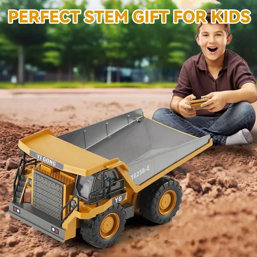 Miniatura 6 de KIZJORYA - Camión volquete con control remoto, vehículo de construcción RC para niños con cama metálica de 9 canales, luz, sonido y batería