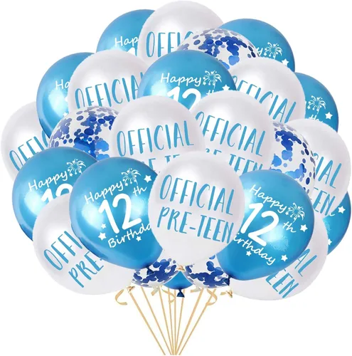 Globos de cumpleaños número 12, globos oficiales para preadolescentes, globos de látex con confeti y cinta para el cumpleaños número 12 de un chico,