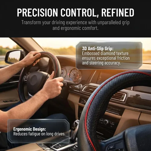 Miniatura 2 de Protector de volante Yunanwa Universal de 15 pulgadas de cuero auténtico reforzado duradero con diseño deportivo de ola, Negro + rojo