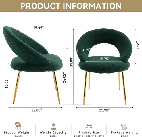 Miniatura 2 de Modern Dining Chairs with Curved Backrest and Metal Legs, Teddy Fabric Upholstered Desk Chair for Kitchen Dining Room Table & Chair Sets, Seating