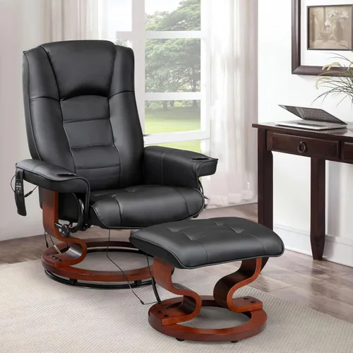 Miniatura 7 de AVAWING Silla reclinable con masaje por vibración, reclinable, de piel sintética, con otomana, giratoria, de madera, para sala de estar, color negro
