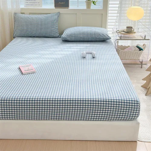 Miniatura 16 de Sábana bajera ajustable de algodón lavado 100% en color topo con diseño Gingham para cama queen, con bolsillo profundo de 15 pulgadas, sábana bajera