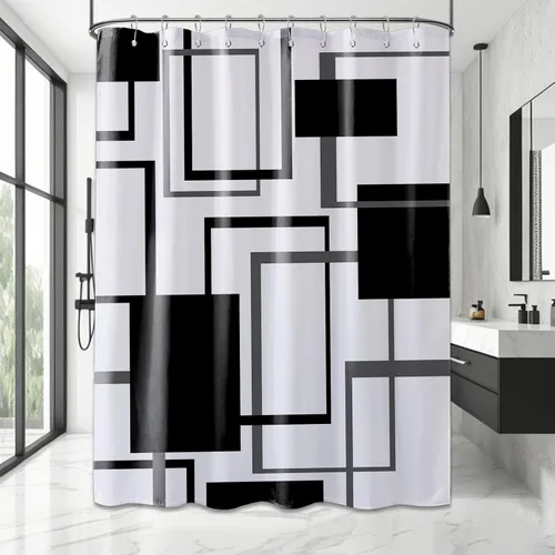 Miniatura 29 de Cortina de Ducha en Blanco y Negro Geométrica Cortinas de Ducha para Decoración de Baños de Hombres Juego de Cortina de Baño en Negro Blanco y Gris