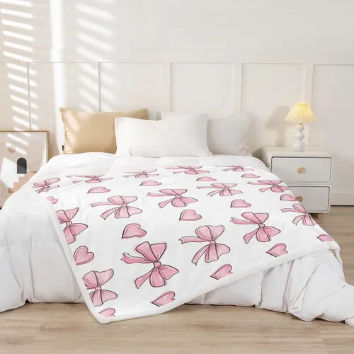 Miniatura 2 de Manta de franela de forro polar con lazos rosados femeninos de 40 x 50 pulgadas, manta mullida de corazones para el día de San Valentín para sofá